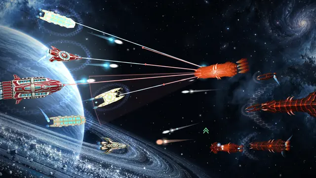 A Pleiadian fleet trades fire with Draconian warships beside a ringed planet.