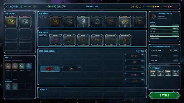 The spaceport: the Locker, ships and parts for sale, and the battle formation grid.