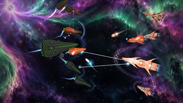 Grey Concord ships fight a Pleiadian fleet.
