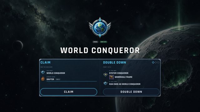 The World Conqueror screen after ten wins, offering a Double Down for a bigger title.