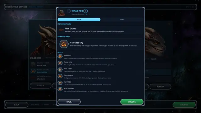 Captain Vraxis Kor's skills screen.