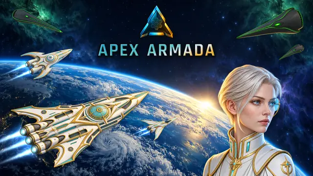 Apex Armada key art with the logo: a gold and white starship, a white-haired captain, green Mantid ships.