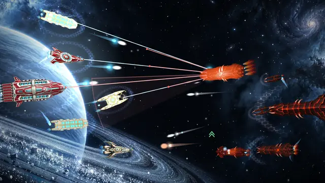 A Pleiadian fleet trades fire with Draconian warships beside a ringed planet.