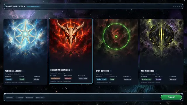 Choosing a faction: Pleiadian Accord, Draconian Dominion, Grey Concord and Mantid Brood.