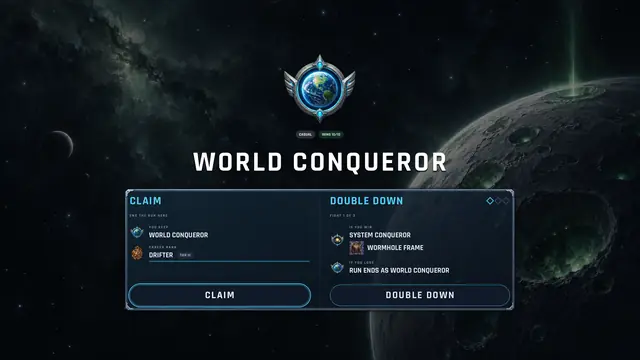 The World Conqueror screen, offering a Double Down for a bigger title.