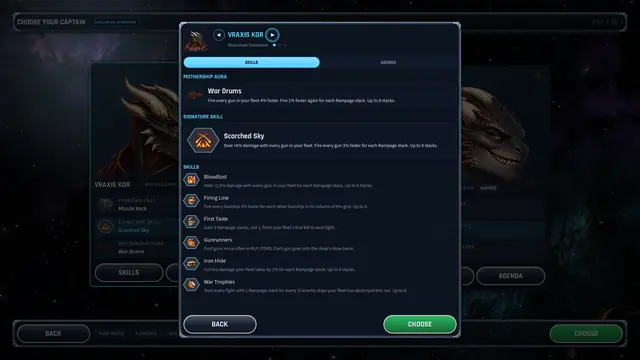 Captain Vraxis Kor's skills screen.
