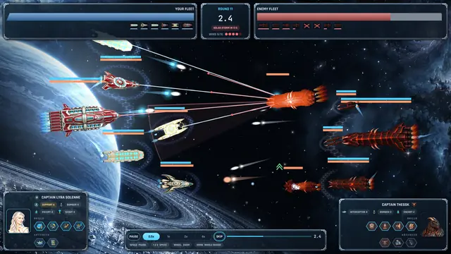 A Pleiadian fleet in battle with the full battle HUD.